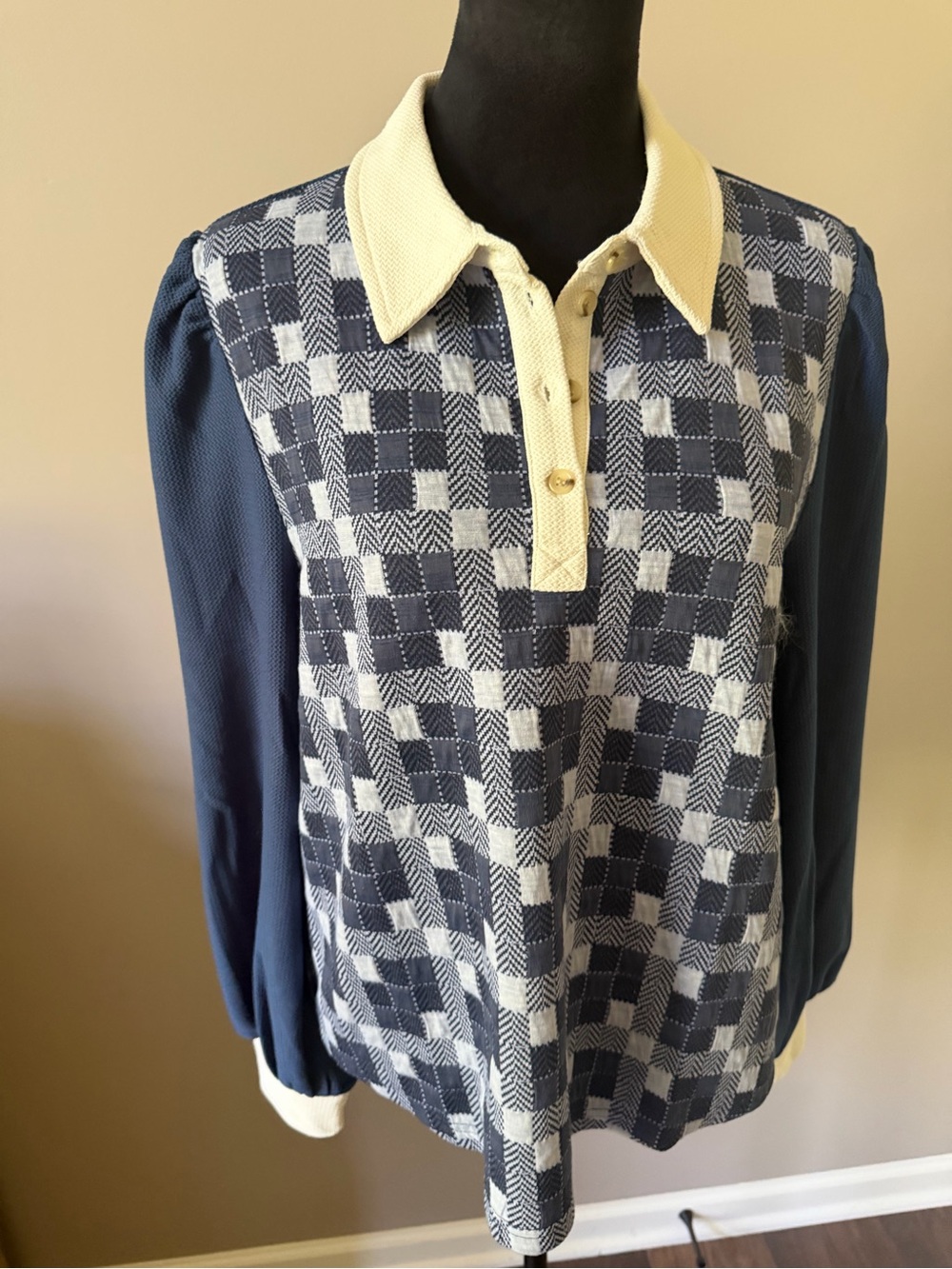JODIFL Checked Navy and Cream Collared Long-Sleeve Top Medium NEW w/Tags